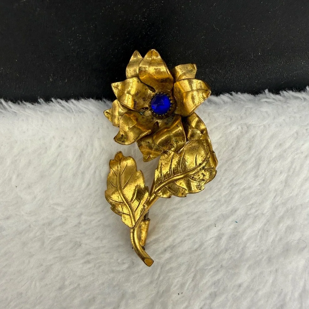 Vintage Swiss Made Flower Brooch Gold Blue Rhinestone Floral Pin Women